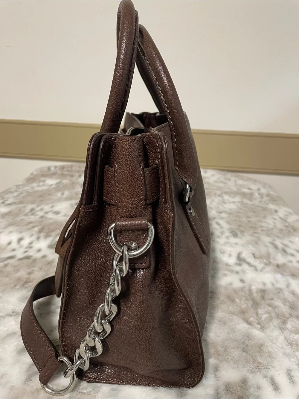 Michael Kors Dark Brown Pebbled Leather Satchel with Silver Hardware